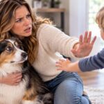 Woman hugging her dog and keeping a toddler away