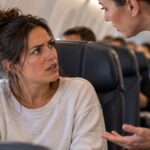 Woman looking annoyed with a flight attendant on a plane