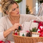 Woman making a holiday basket and looking annoyed