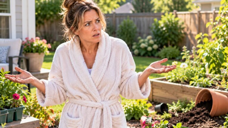 Woman standing in her garden in a bathrobe looking bewildered